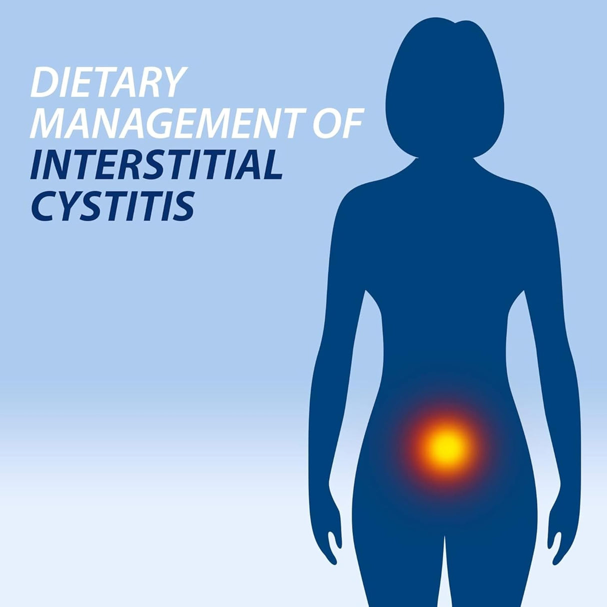 Silhouette of a person with a highlighted area on a blue background, related to dietary management of interstitial cystitis with prelief.