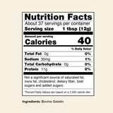 Nutrition facts label for a product with 40 calories per serving, 11g of protein, and bovine gelatin as an ingredient.