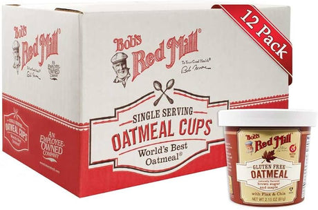Bob's Red Mill oatmeal cups packaging with a 12-pack box on a white background