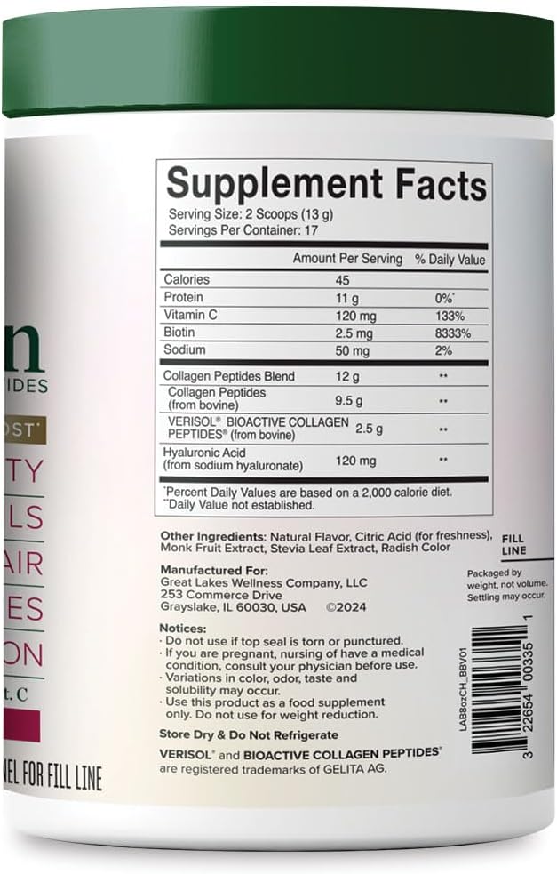 Great Lakes Wellness Collagen Peptides, Raspberry Lemon, 8 oz