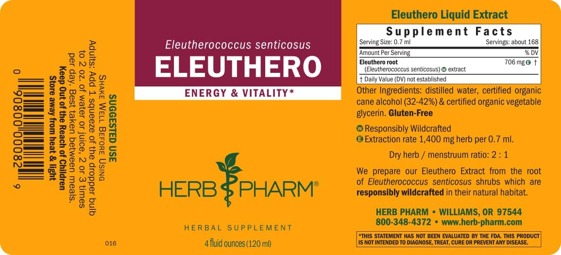 Herb Pharm Eleuthero supplement label with text and branding.