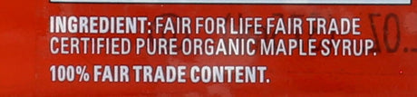 Label of Fair for Life Fair Trade Certified Pure Organic Maple Syrup on a red background