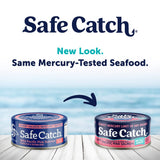 Two cans of Safe Catch salmon with a blue ocean background and text about new packaging design.