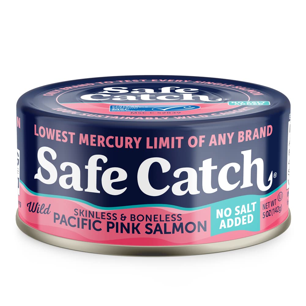 Can of Safe Catch Pacific Pink Salmon on a white background