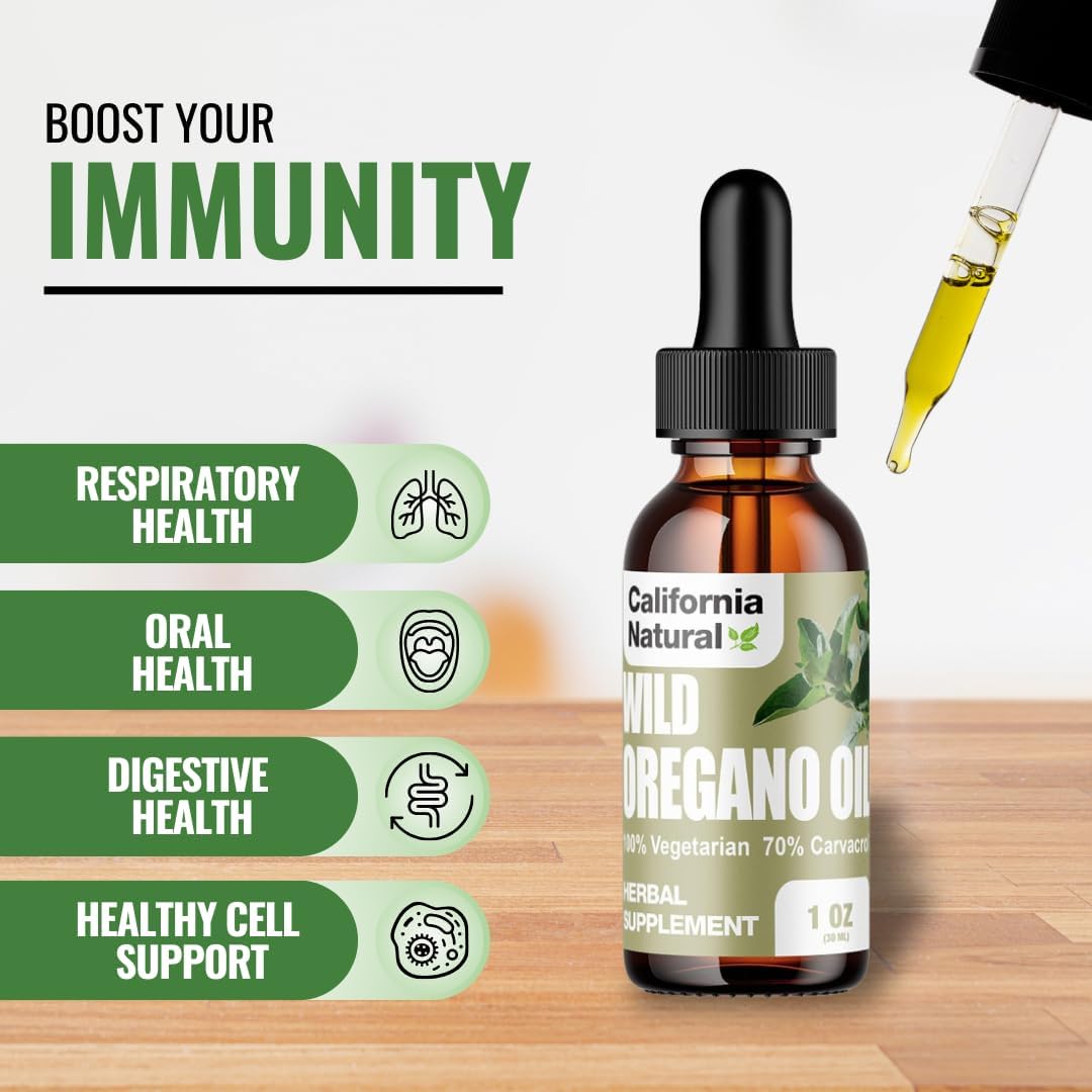 Bottle of California Natural Wild Oregano Oil with dropper on a wooden surface, labeled for immune system support.