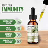 Bottle of California Natural Wild Oregano Oil with dropper on a wooden surface, labeled for immune system support.