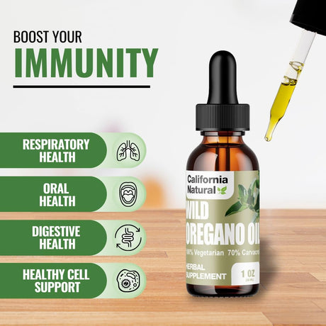 Bottle of California Natural Wild Oregano Oil with dropper on a wooden surface, labeled for immune system support.