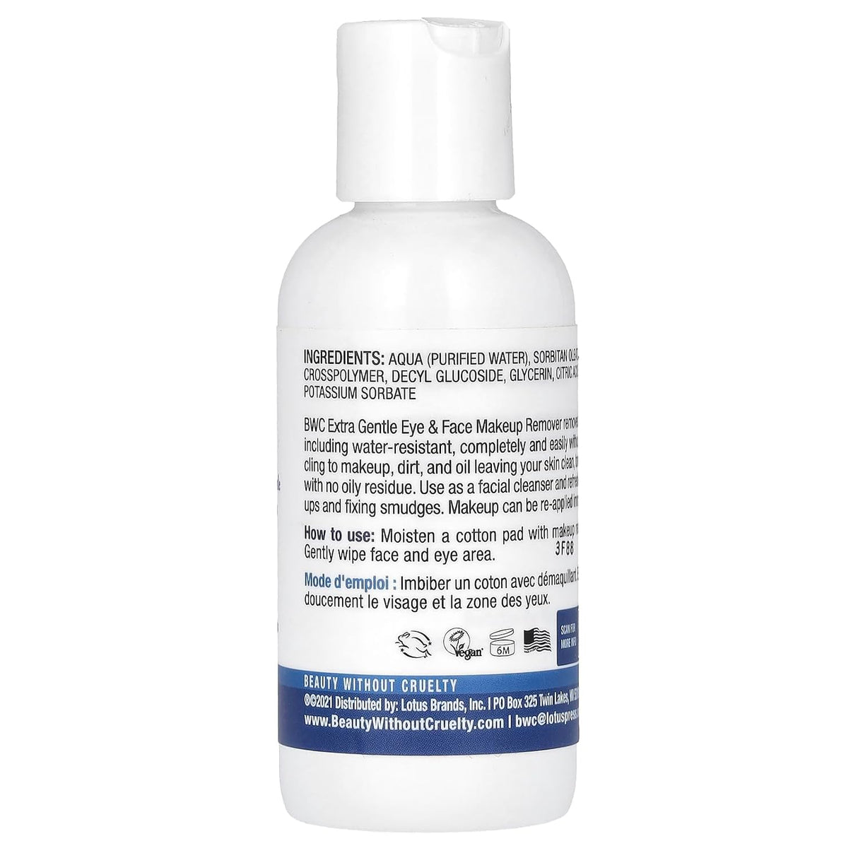 A white plastic bottle of B2C Extra Gentle Eye & Face Makeup Remover with a white flip-top cap, shown from the back on a white background.