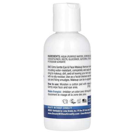 A white plastic bottle of B2C Extra Gentle Eye & Face Makeup Remover with a white flip-top cap, shown from the back on a white background.