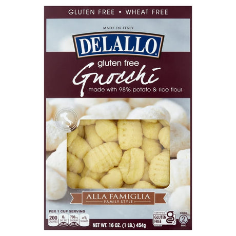 Box of Delallo gluten-free gnocchi with branding and product details.