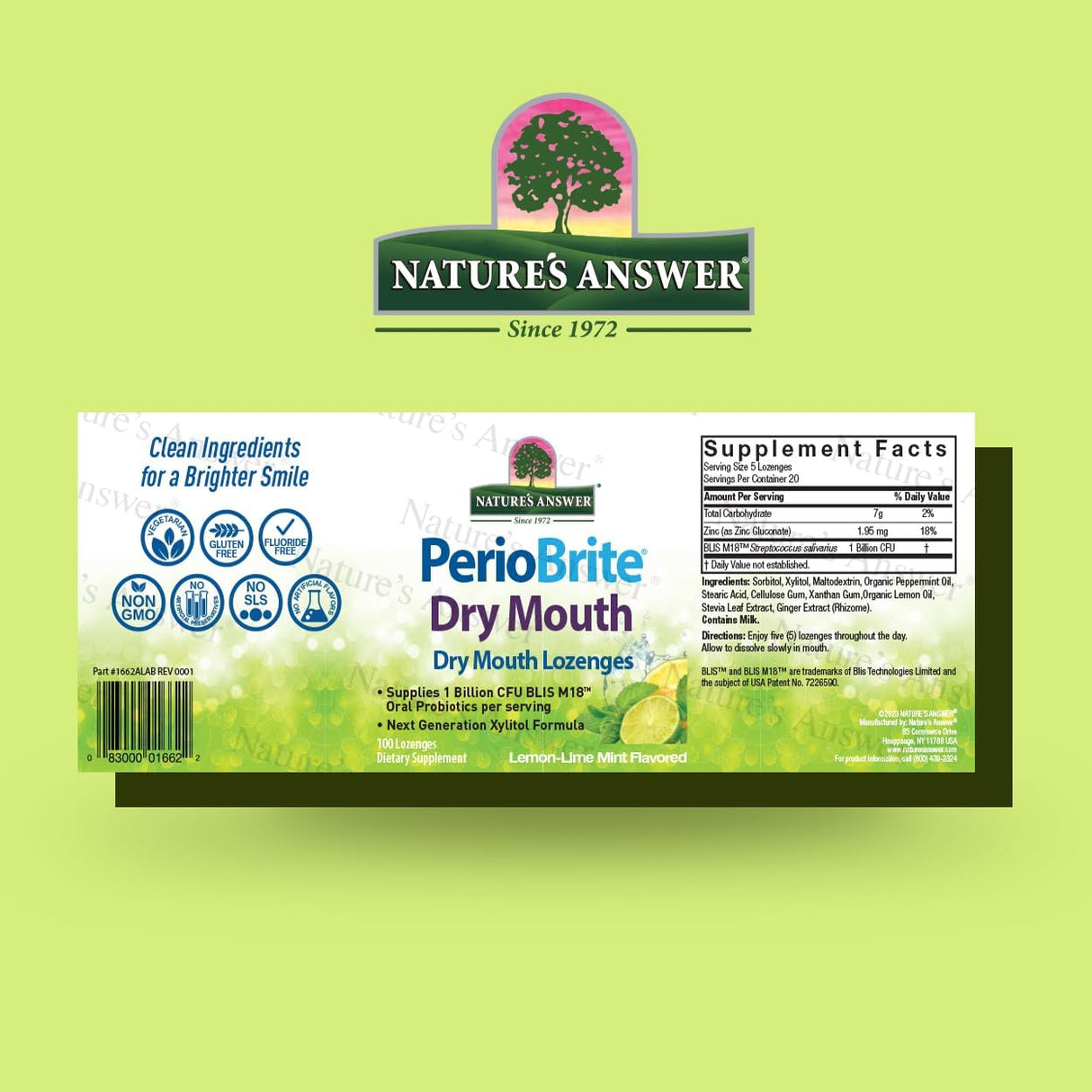 Natures Answer PerioBrite Dry Mouth Lozenges packaging on a green background