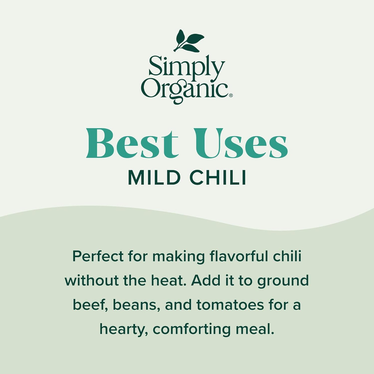 Simply Organic mild chili seasoning packaging with text on a light green background
