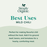 Simply Organic mild chili seasoning packaging with text on a light green background