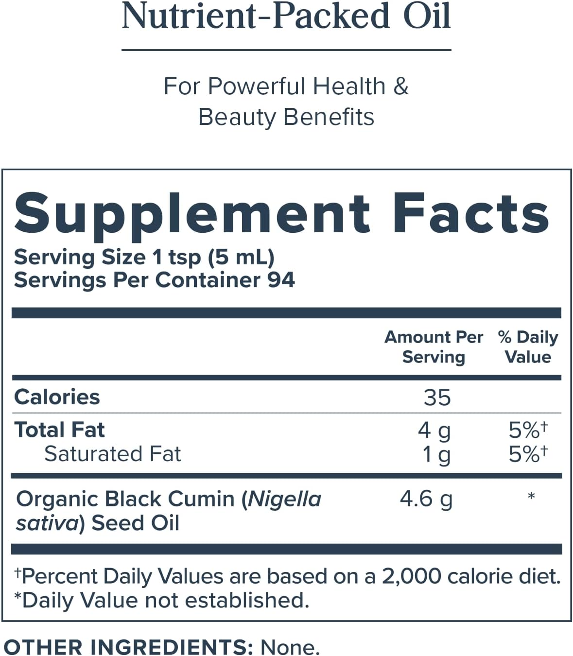 Nutrient-packed oil supplement facts label with serving size, calories, fat content, and organic black cumin seed oil details.