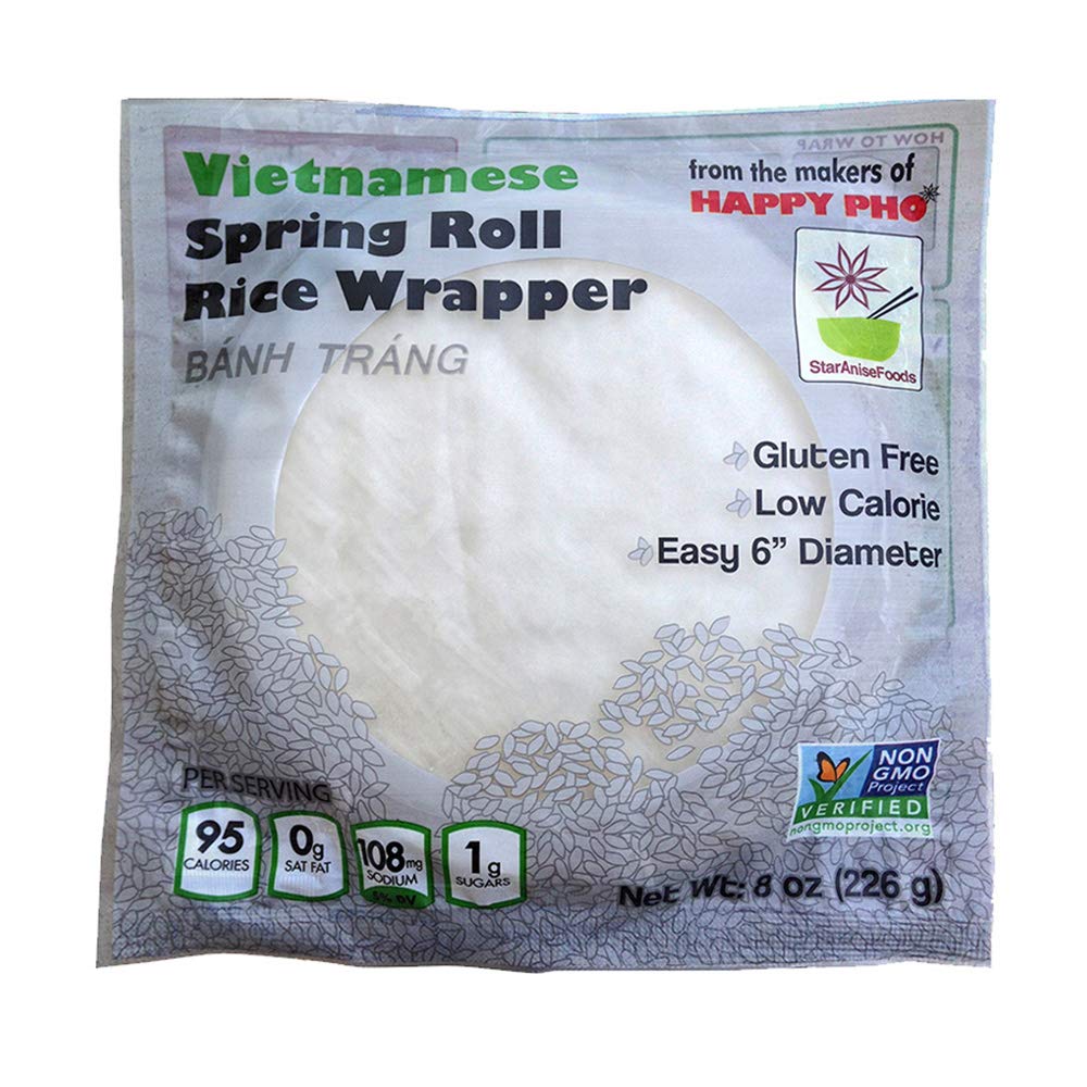 Packaged Vietnamese spring roll rice wrapper with branding and nutritional information on a white background