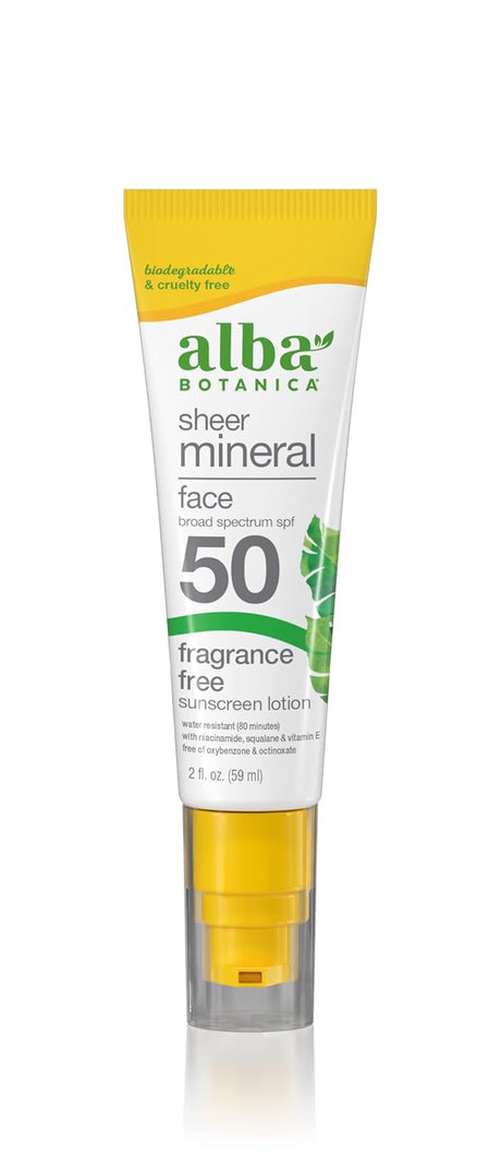 Alba Botanica - Mineral Face Sunscreen SPF50, 2 fl oz - Gluten-Free Protection