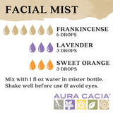 Aura Cacia facial mist recipe with frankincense, lavender, and sweet orange essential oils on a white background.