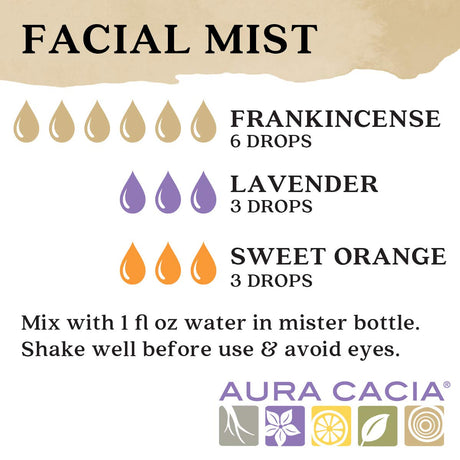 Aura Cacia facial mist recipe with frankincense, lavender, and sweet orange essential oils on a white background.