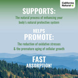Advertisement for California Natural with text about supporting natural protective system, reducing oxidative stresses, and promoting fast absorption against a scenic background.