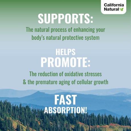 Advertisement for California Natural with text about supporting natural protective system, reducing oxidative stresses, and promoting fast absorption against a scenic background.