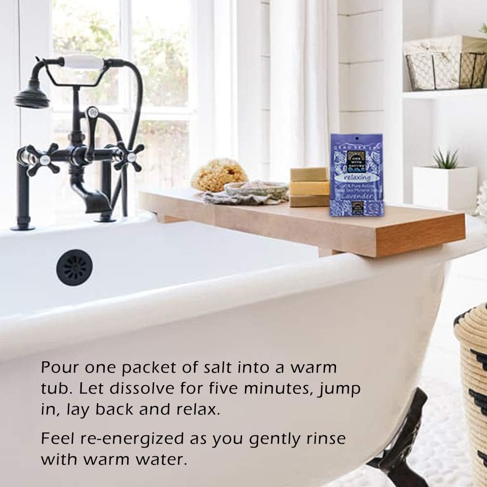 Bathroom scene with a bathtub, wooden shelf, and bath salts.