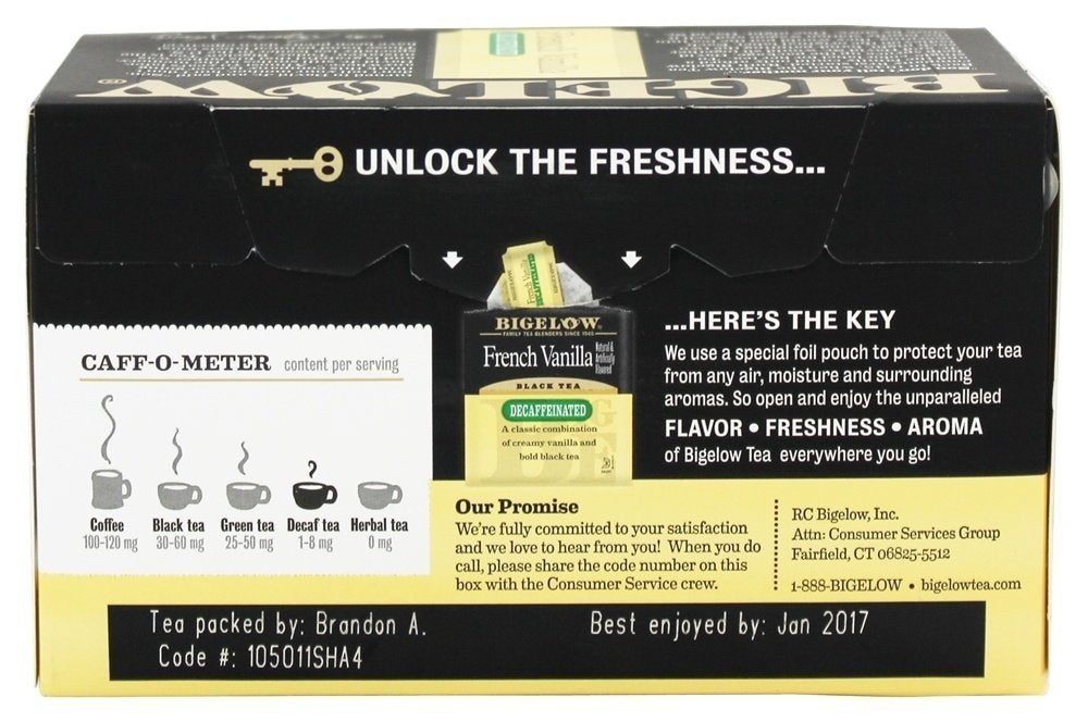 Bigelow Tea package with branding and product details on a black and yellow background