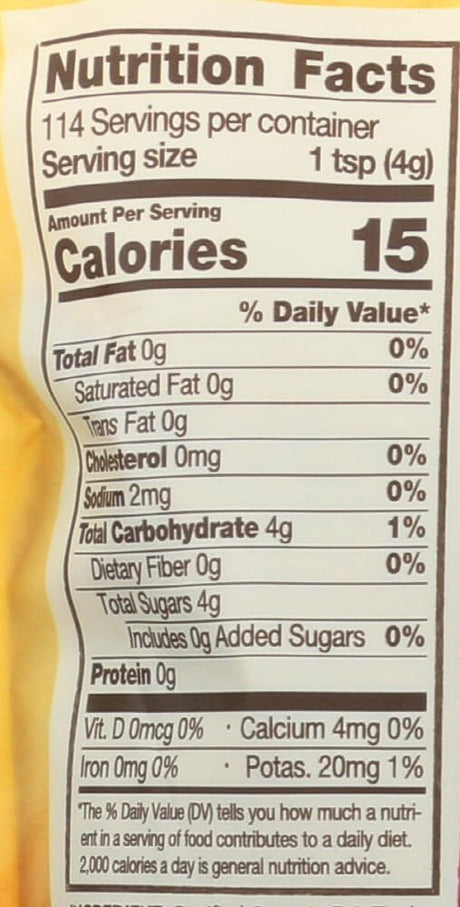 Nutrition facts label for a product with 15 calories per serving