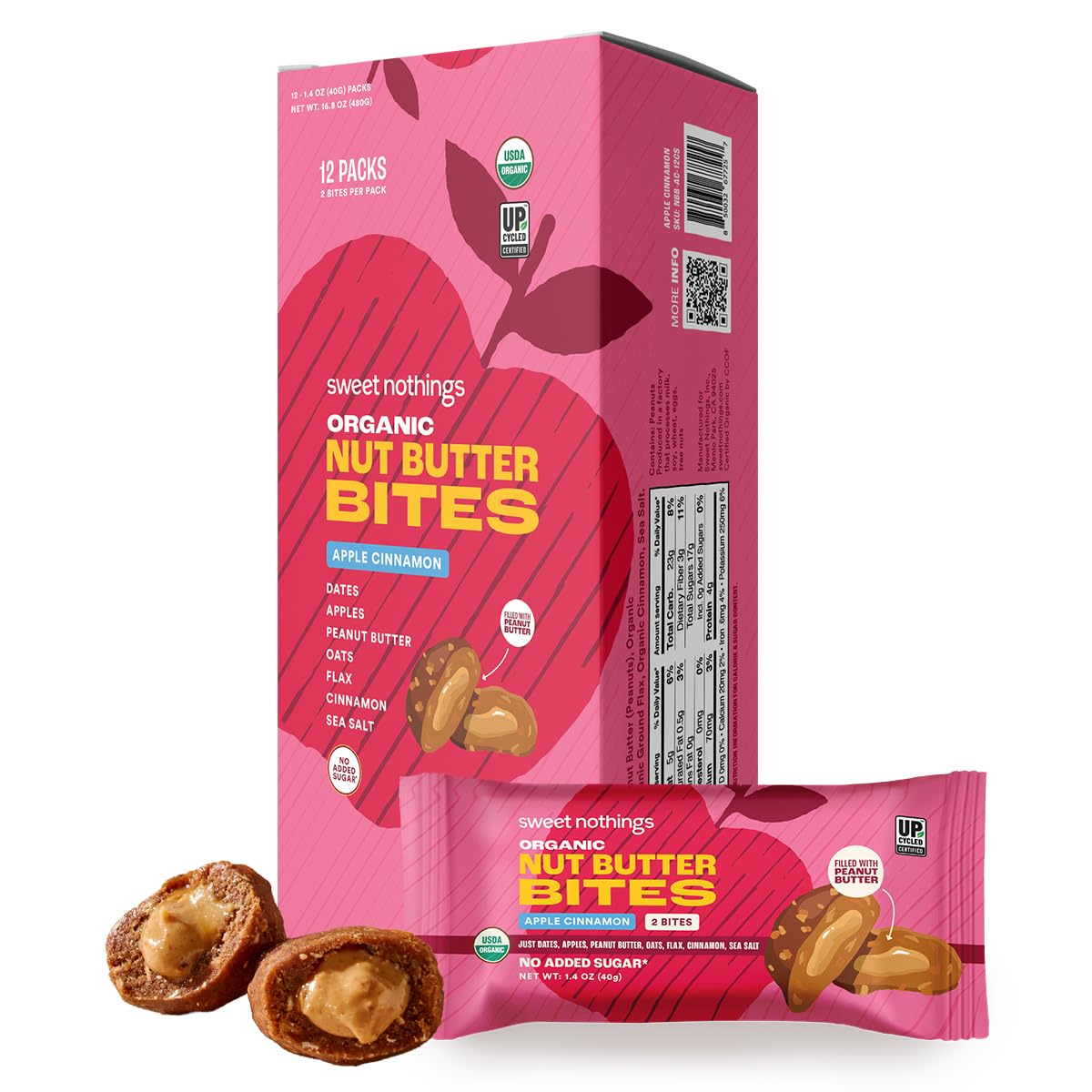 Sweet Nothings - Organic Apple Cinnamon Peanut Butter Bites, 1.4 oz (Pack of 12) - Healthy Snack Bites