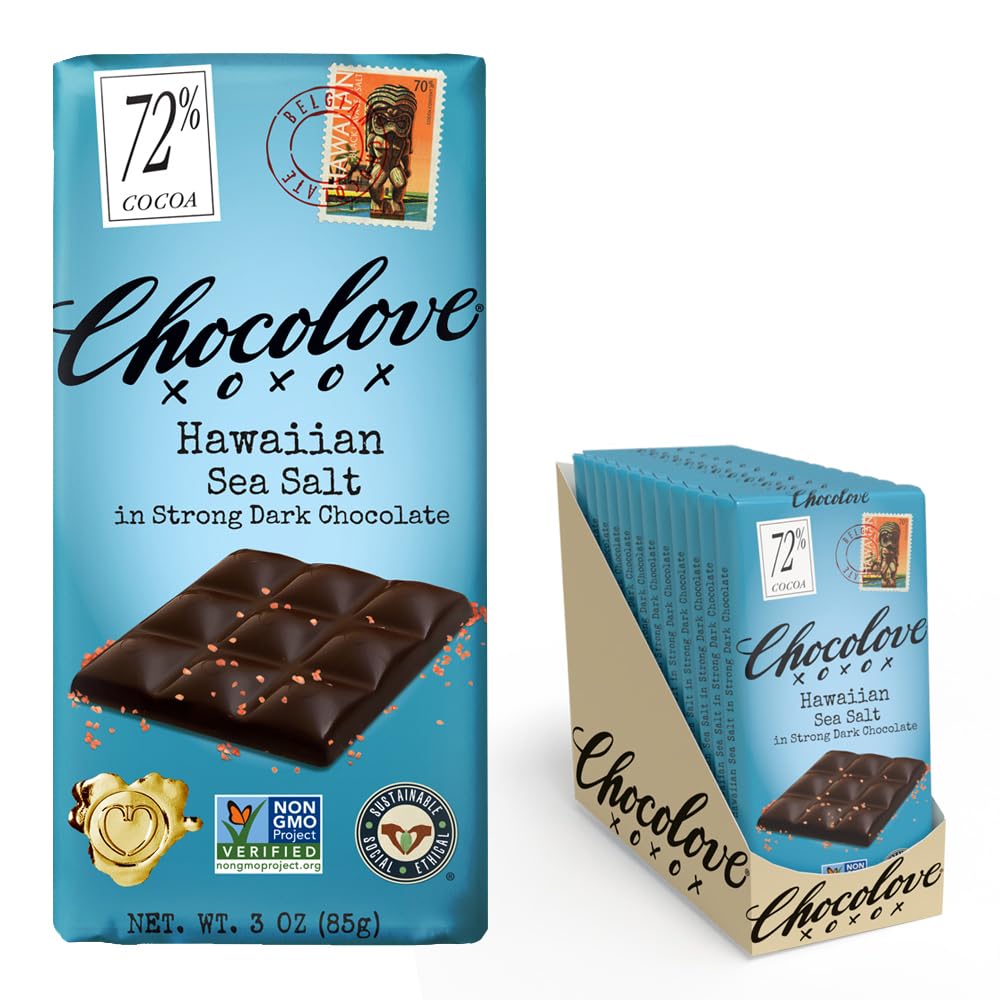 Chocolove 72% Dark Chocolate Bar, Hawaii Sea Salt, 3 oz (Pack of 12) - Dairy Free Treat