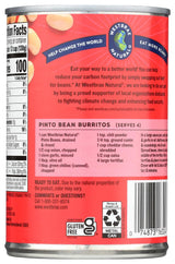 Can of Westbrae Naturals Pinto Bean Burritos with nutritional information and branding details.