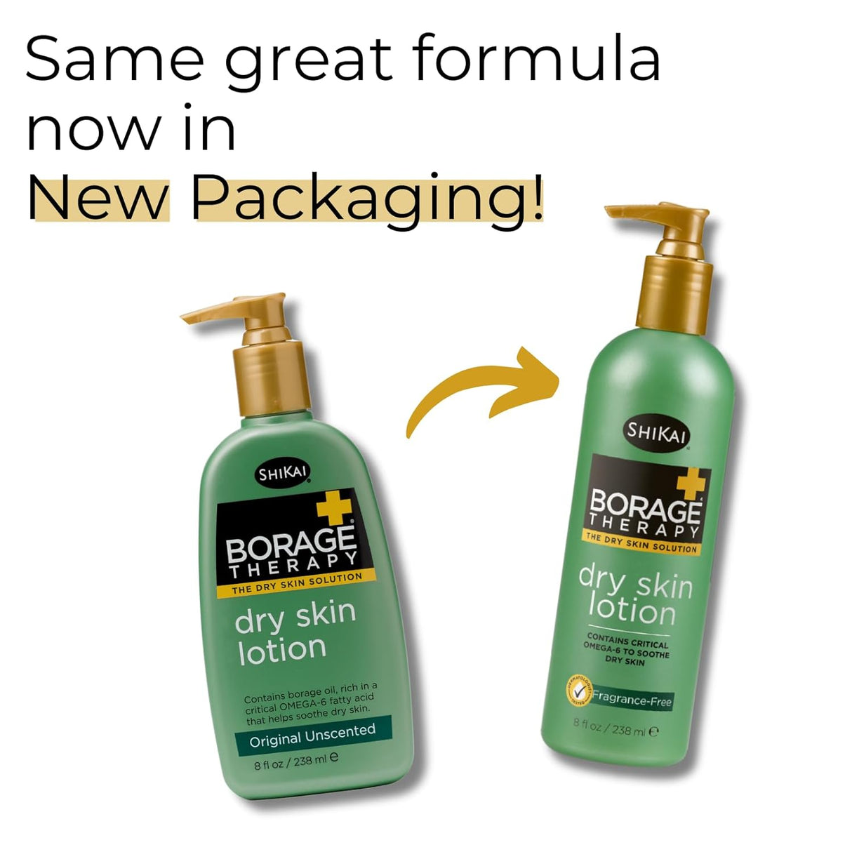 Two bottles of Shikai Borage Therapy dry skin lotion with text about new packaging.