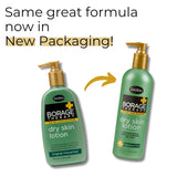 Two bottles of Shikai Borage Therapy dry skin lotion with text about new packaging.