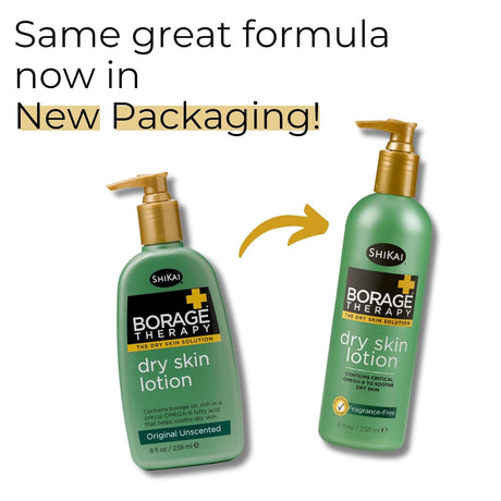 Two bottles of Shikai Borage Therapy dry skin lotion with text about new packaging.