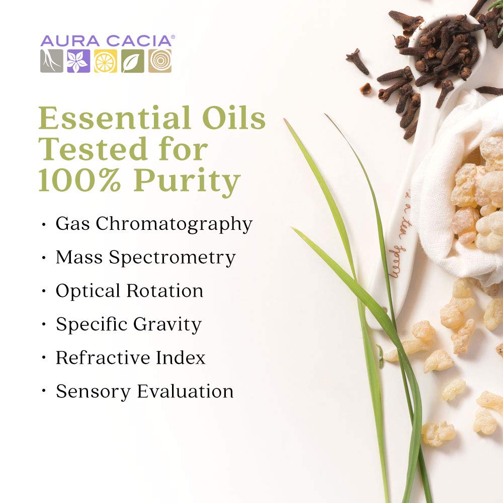 Aura Cacia essential oils with a list of purity testing methods on a white background