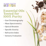 Aura Cacia essential oils with a list of purity testing methods on a white background