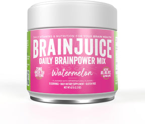 Jar of BrainJuice Daily Brainpower Mix with pink label on a white background