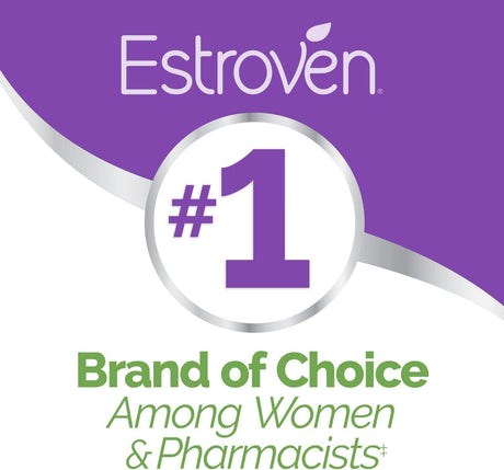 Estroven logo with '#1 Brand of Choice Among Women & Pharmacists' text on a purple and white background