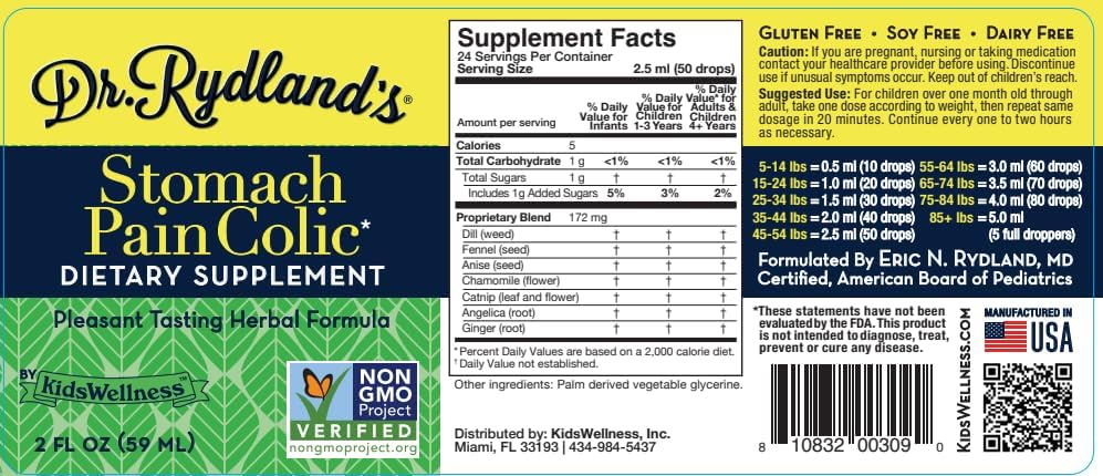 Dr. Rydland's Stomach Pain Colic dietary supplement label with supplement facts and branding details.
