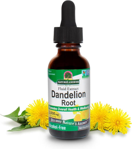 Bottle of Natures Answer Dandelion Root fluid extract with dandelion flowers on a white background