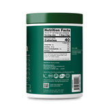 Nutrition facts label on a green supplement container