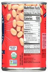 Can of pinto beans with nutrition label on a red background
