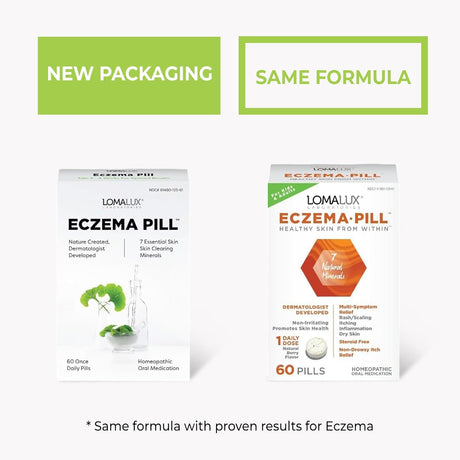 Two packages of Lomallux Eczema Pill with new and old packaging designs on a white background.