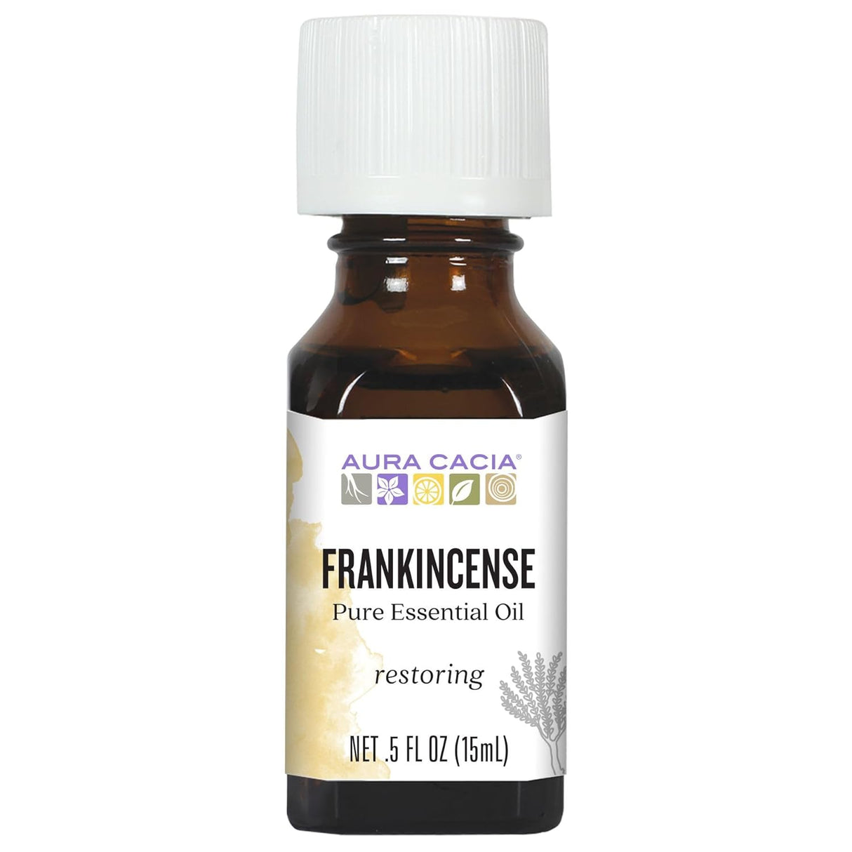 Aura Cacia Frankincense pure essential oil bottle on a white background