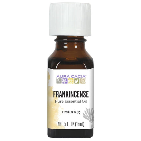 Aura Cacia Frankincense pure essential oil bottle on a white background