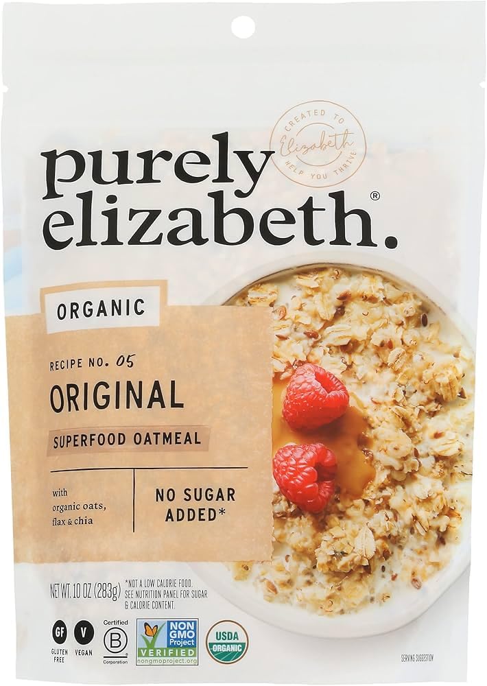 Package of purely elizabeth organic superfood oatmeal with raspberries on a white background