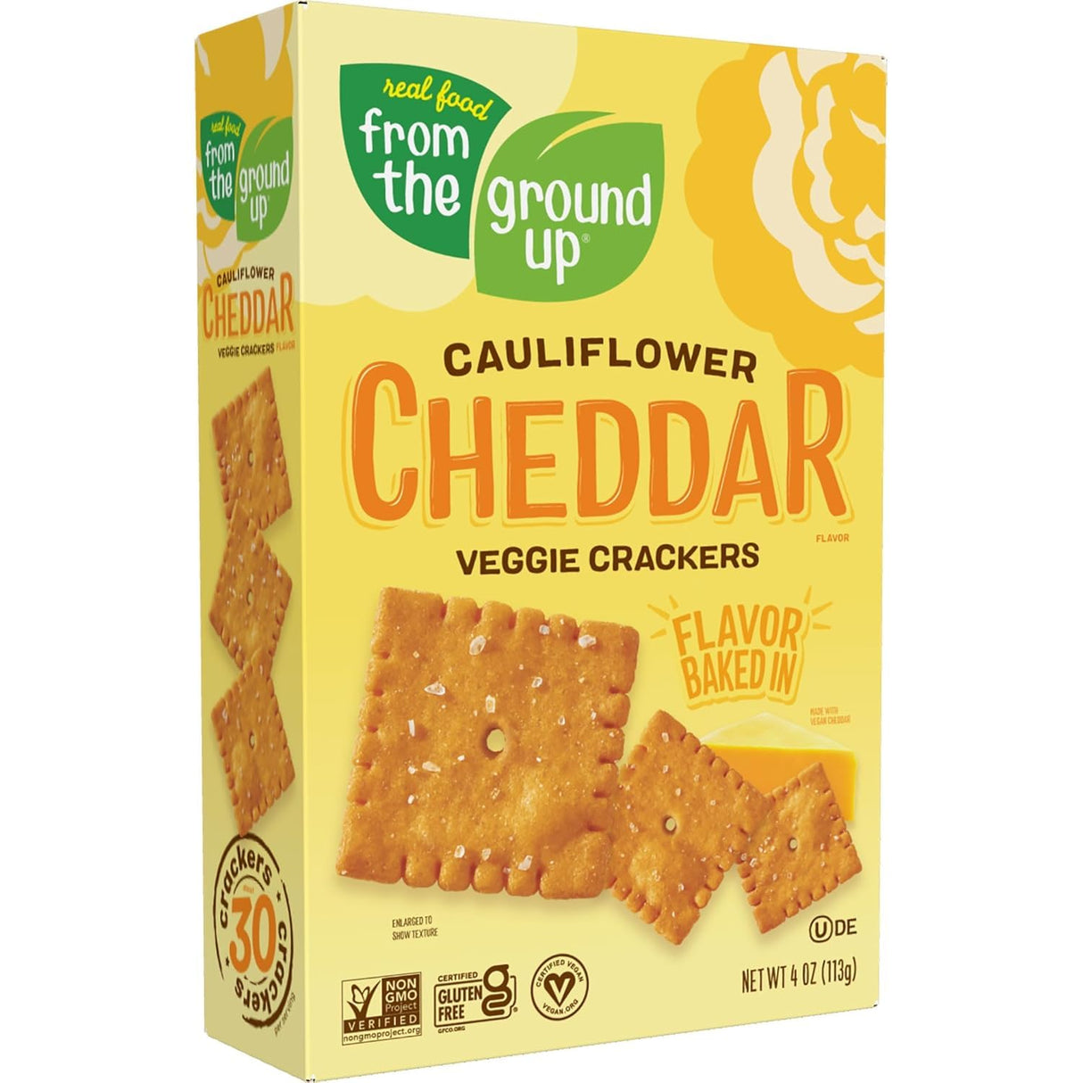 Box of cauliflower cheddar veggie crackers from 'From the Ground Up' on a white background