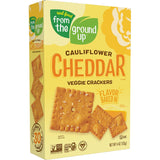 Box of cauliflower cheddar veggie crackers from 'From the Ground Up' on a white background