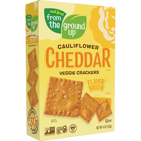 Box of cauliflower cheddar veggie crackers from 'From the Ground Up' on a white background