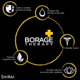 Borage Therapy product description with icons and text on a black background