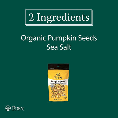 Eden brand packaging of organic pumpkin seeds with sea salt on a green background